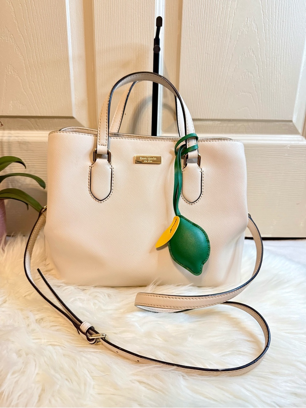 kate spade Laurel Way Cream Leather Satchel with Green Lemon Charm